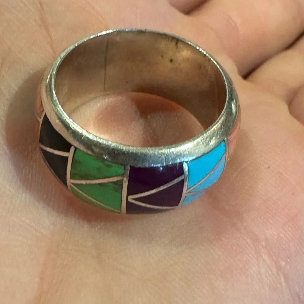 Signed CJ ( Butler) Native American Navajo Turquoise Coral Onyx Ring 7.9G